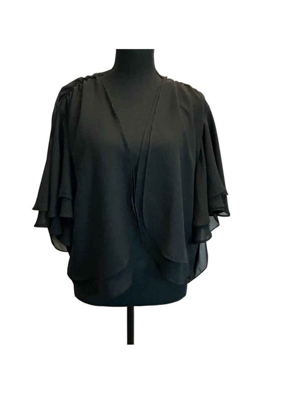 BCBGeneration black chiffon layered flutter sleeve open front lace back shawl